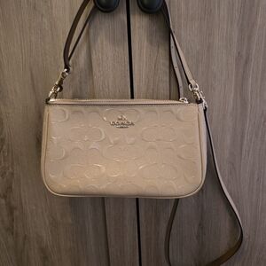 Coach Embossed Leather Crossbody Bag in Beige with Gold Hardware